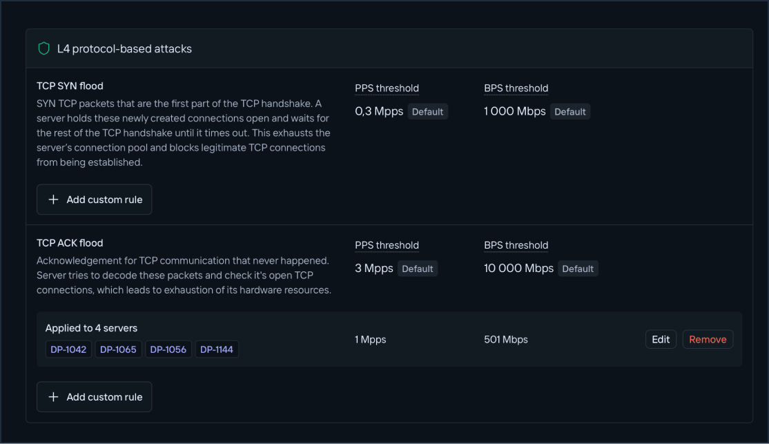 Screenshot of the client panel Shield mitigation rules showing two custom rules for TCP SYN flood and TCP ACK flood with PPS and BPS thresholds applied to specific servers