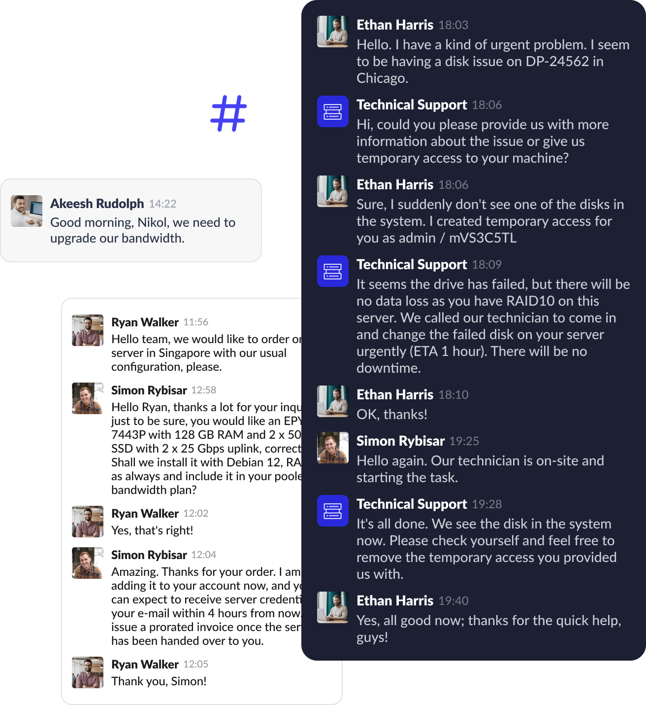 Screenshot of slack communication between client and technical support